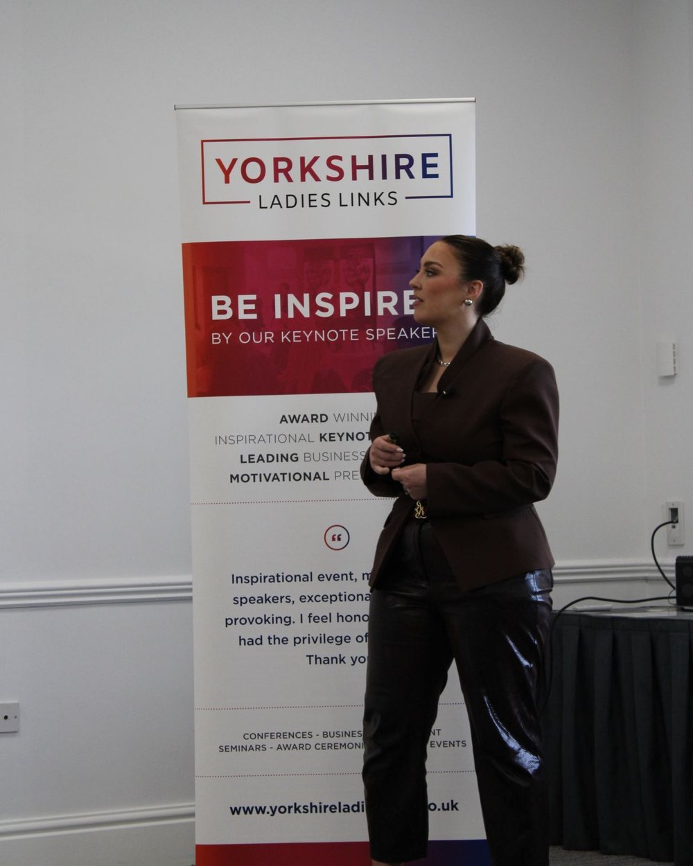Samantha Wagstaff speaking at a Yorkshire Ladies Links founder event