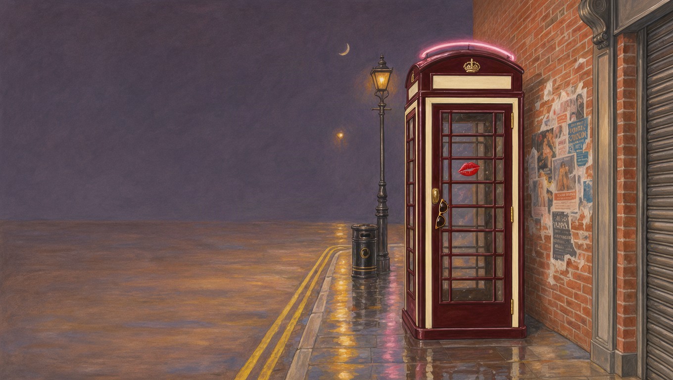 An illustrated oxblood telephone box with a pink neon sign on a wet British street at night